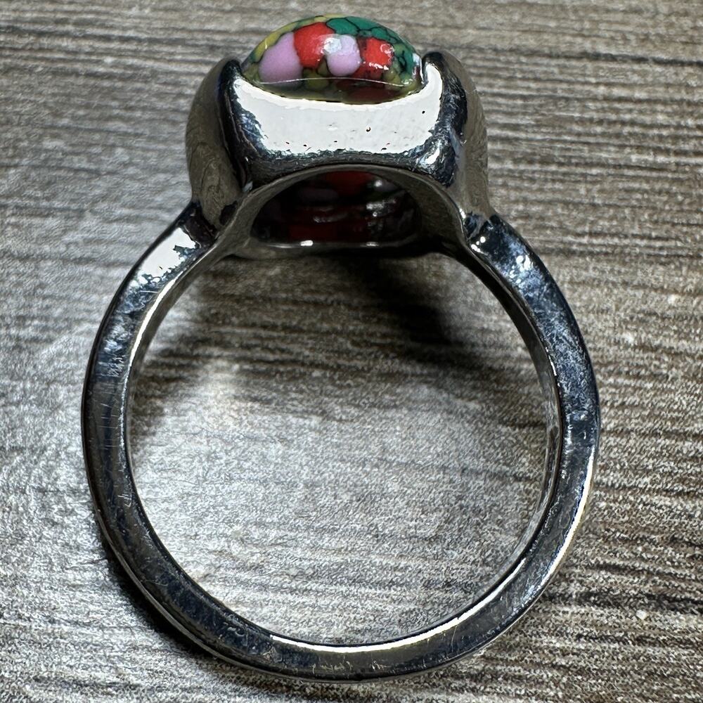 925 Sterling Silver Green Pink Red Mixed Stone Ring Smooth Oval Artistic Sz 8 - Picture 6 of 9